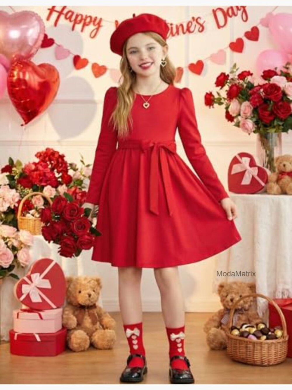 Girls Puff Long Sleeve Formal Party Dress with Pockets - Picture 5 of 7